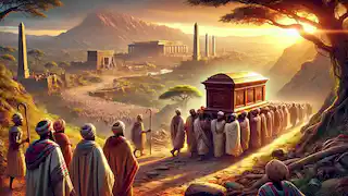 Sacerdotes etíopes transportan el Arca de la Alianza a través de paisajes agrestes hacia la antigua ciudad de Axum.