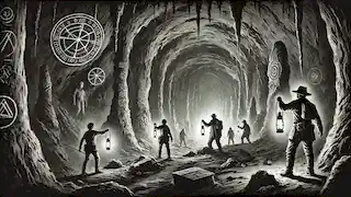 Los cazadores de tesoros exploran una cueva oscura con linternas, revelando símbolos misteriosos en las paredes de la cueva y sombras inquietantes.