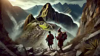 Amaru y Tupac subiendo por un empinado y nebuloso sendero montañoso en los Andes, luciendo decididos.