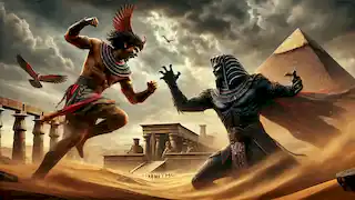 Horus y Set se enfrentaban en una feroz batalla en el desierto egipcio, mientras nubes de tormenta se acumulaban sobre ellos.