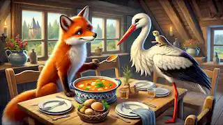 Le renard invite la cigogne à dîner, servant la soupe dans des assiettes peu profondes.