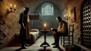 El Hombre de la Máscara de Hierro lee un libro a la luz de una vela en su cámara tenuemente iluminada dentro de la fortaleza de Pignerol.