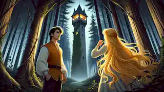 Un príncipe mirando hacia una torre mientras Rapunzel deja caer su cabello dorado en un bosque iluminado por la luna.