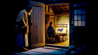 Takao asoma por una puerta y ve a una grúa tejiendo sus plumas en un lienzo, dándose cuenta de la verdad sobre Yukiko.