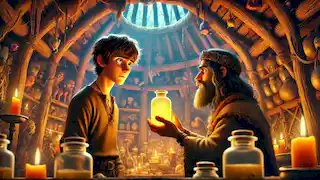 Dmitri recibiendo una poción brillante de Baba Yaga en su misteriosa cabaña.