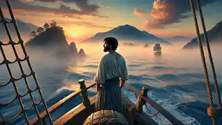 Un marinero griego se aleja de la Isla de los Bienaventurados al amanecer, mirando hacia atrás el paraíso difuso y desvanecido.