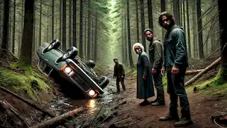 Tres hombres se aproximan a la familia junto a su coche volcado en un bosque oscuro, mientras la tensión llena el ambiente.