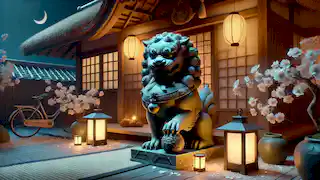 Una estatua de Shisa se erige en la entrada de una casa okinawense, rodeada de cerezos en flor y faroles.