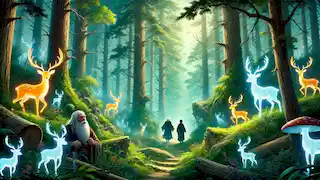 Hans und der Einsiedler durchqueren den dichten Wald, der voller magischer Kreaturen ist.