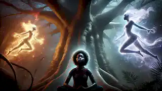 Die Hüterin Nia meditiert unter dem Baobabbaum, ihr Gesicht ist konzentriert, während dunkle Visionen von Feuer und Gefahr um sie herumschweben.
