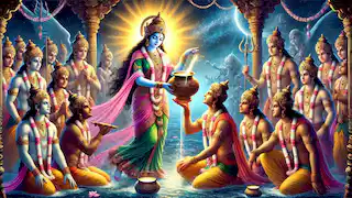 Mohini, la divina doncella avatar de Vishnu, sirve el néctar de la inmortalidad a los Devas mientras Rahu se disfraza.