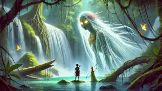 Thiago se encuentra con Iara, el espíritu del río de ojos resplandecientes, cerca de una cascada en la exuberante selva.