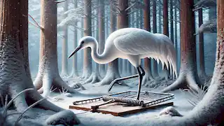 Una grúa blanca atrapada en un claro del bosque cubierto de nieve, luchando en una trampa de cazador.