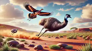 Emú corriendo por el suelo y jabirú surcando el cielo en el Outback australiano.