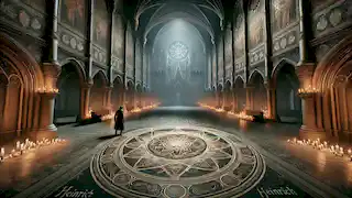 El gran salón de Eschtheim, con un mosaico resplandeciente y una sombra etérea que emerge.