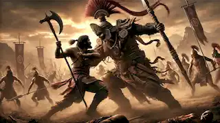 Kanu asesta el golpe final a Itzamna en una feroz batalla, mientras los guerreros mochicas pelean en el fondo.