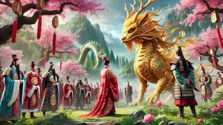 L'empereur Yao s'agenouille humblement devant le Qilin au milieu d'un paysage montagneux parsemé d'arbres en fleurs et de gardes royaux.