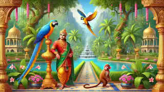 Le roi Raja avec Pari juchée sur un socle doré et Momo se balançant d'un arbre dans les jardins vibrants du palais.