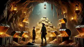 Jim Hawkins y Ben Gunn descubren el tesoro oculto dentro de una cueva débilmente iluminada, repleta de monedas de oro y cofres.