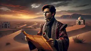 Darian estudia un mapa antiguo en el desierto al anochecer, con montañas en la distancia.