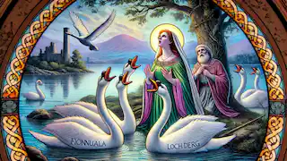 Cuatro cisnes con voces humanas cantando canciones melancólicas en el Lago Derg.