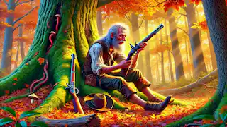 Rip Van Winkle despertándose bajo un árbol, mirando su arma oxidada.