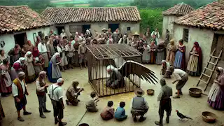 Los aldeanos se reúnen alrededor del gallinero, lanzando comida y pinchando al anciano con alas enormes.