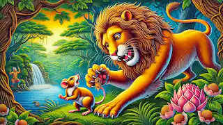 El león atrapó al ratón entre sus patas, listo para aplastarlo, pero el ratón suplicó por su vida.