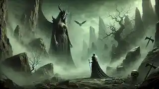 Brynhildr négocie avec Hel dans le paysage sombre et brumeux de Helheim, cherchant à obtenir la libération des morts.