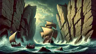 L'Argo échappe de justesse entre deux rochers qui s'écroulent, la mer bouillonnant et des nuages orageux se profilant au-dessus.