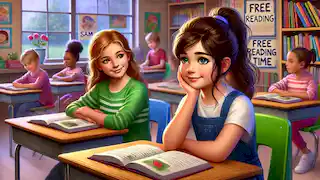Talia escucha a Sam durante el tiempo de lectura en silencio en el aula.