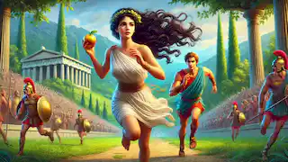 Atalanta corriendo adelante en la carrera, con Hipómenes detrás, sosteniendo una manzana dorada.