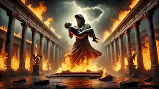 Zeus rescata al nonato Dionisio de las llamas después de que Semele perece en el fuego divino.