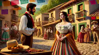 María conoce a un noble adinerado en su humilde aldea mexicana, donde su belleza contrasta con el entorno rústico.