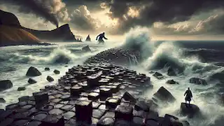 El parcialmente destruido Camino de los Gigantes, con columnas de basalto esparcidas en el mar y Benandonner huyendo a lo lejos.