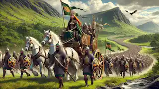 La reina Medb conduce su ejército a través de las colinas irlandesas, montada en un carro real, rodeada de guerreros con armaduras celtas y estandartes ondeando.