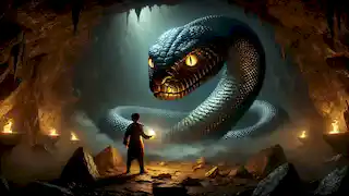 Dentro de una cueva oscura, Amaru se enfrenta a una gigantesca serpiente con ojos resplandecientes, sosteniendo una piedra brillante como su única fuente de luz.