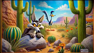 Wile E. Coyote examinando dispositivos de una caja de Acme.