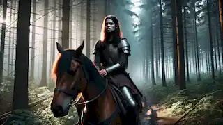 Mulan, disfrazada de hombre, cabalga a través de un bosque brumoso al amanecer en su camino para unirse al ejército.