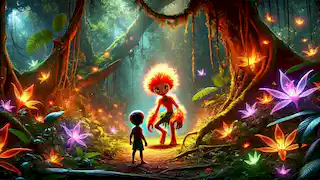 El joven Kai, asombrado, se encuentra con el Curupira en un mágico bosque amazónico, repleto de flores luminosas y criaturas bioluminiscentes.