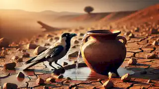 El cuervo bebe del recipiente, ahora lleno de agua, rodeado de piedras esparcidas y con un árbol seco al fondo.