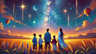 Niulang, Zhinu e seus filhos olham para as estrelas, valorizando seu amor.