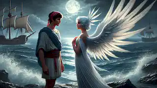 Teodosio y una sirena de plumas plateadas están de pie en un acantilado, iluminados por la luna, contemplando el océano.