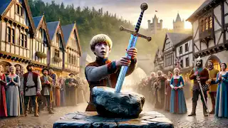 Arturo saca Excalibur de la piedra en una plaza medieval mientras los habitantes del pueblo observan con asombro.