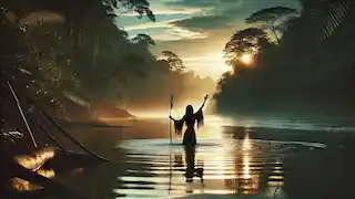 Naiá está de pie en el río, con el agua hasta la cintura, los brazos levantados hacia el cielo, rodeada de jungla mientras se aproxima el amanecer.