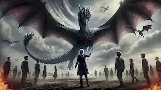 Violeta se une a un dragón de escamas medianoche durante la ceremonia de vinculación, mientras otros cadetes observan con asombro.