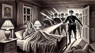 La Policía del Pensamiento irrumpió en la habitación donde Winston y Julia estaban durmiendo, entrando a la fuerza con linternas y gritando órdenes.