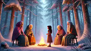 La niña se encuentra frente a tres ancianas sabias en un bosque encantado cubierto de nieve, con un pequeño fuego ardiendo cerca.