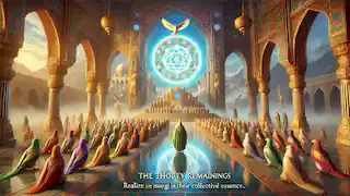 Los pájaros ante las majestuosas puertas de Qaf, dándose cuenta de que el Simurgh refleja su esencia colectiva.