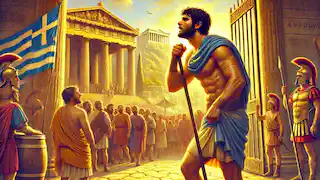 Pheidippides llega a las puertas de Atenas, exhausto pero victorioso, con la Acrópolis de fondo.